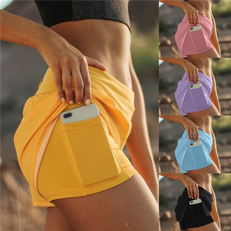 

Women Fitness Sports Shorts Summer Beach Athletic Fake Two Shorts Ladies Casual Skinny Solid Color Shorts For Feminal
