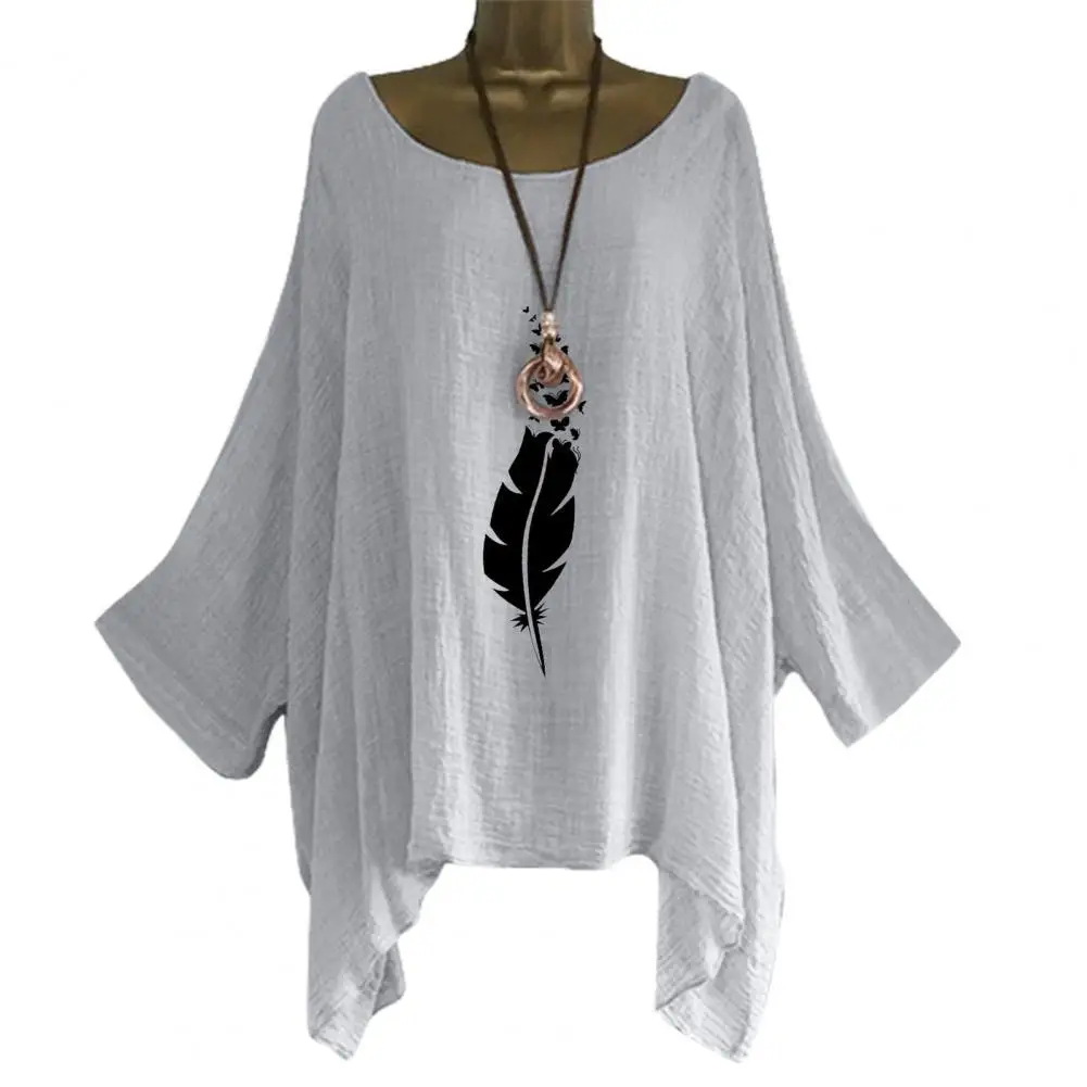 

Women Casual T-shirt Feather Butterflies Print Sleeve Autumn Solid Color Loose Round Neck All Match Women Blouse