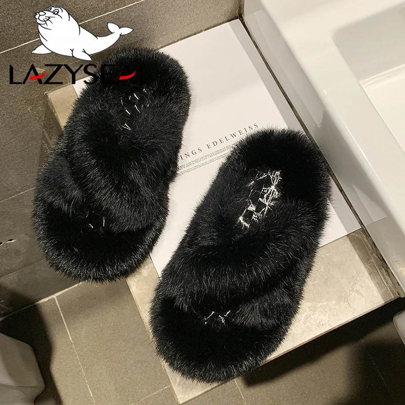 LazySeal/тапочки с натуральным кроличьим мехом женская обувь модные женские Вьетнамки, Повседневная плюшевая обувь на плоской подошве женские меховые домашние шлепанцы
