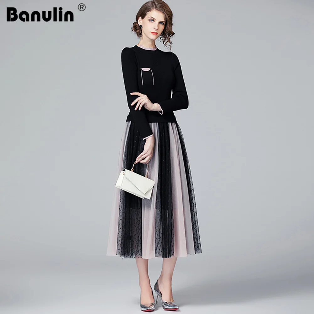 

Banulin Embroidery Dot Mesh Dress Women Long Sleeve Knitted Slim Waist Vintage Patckwork Runway Party Dress Vestidos