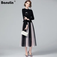 banulin embroidery dot mesh dress women long sleeve knitted slim waist vintage patckwork runway party dress vestidos