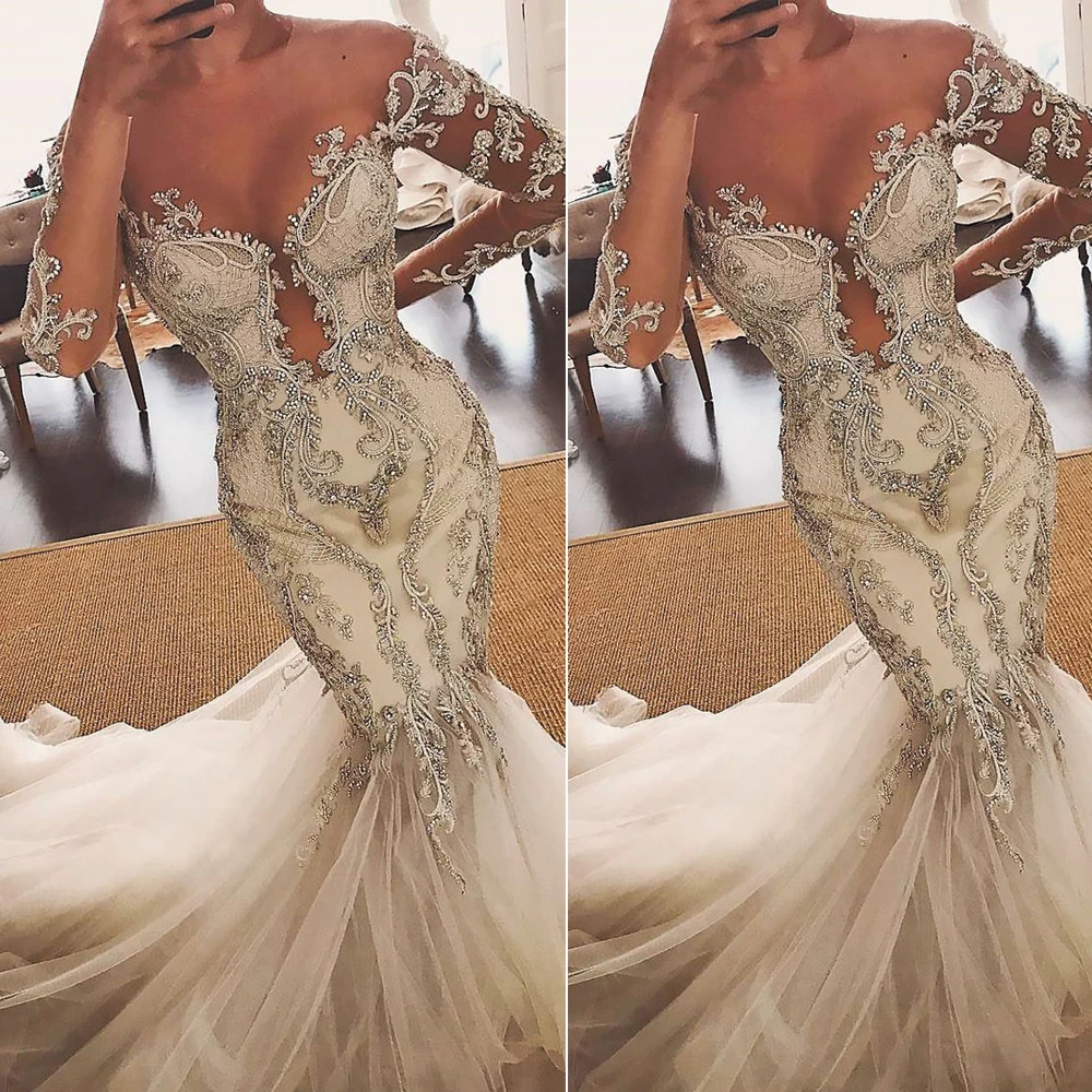 

vintage wedding dresses 2021 long sleeve beading crystal mermaid court train long bridal dresses vestidos de noiva