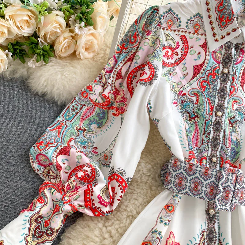 

restoring ancient ways is printed shirt female design feeling niche all to split long brim hubble-bubble sleeve dress