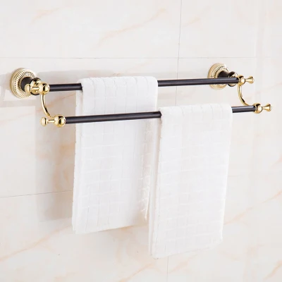 double towel bar Набор оборудования для ванны черная и Золотая вешалка для полотенца Держатель для полотенца Вешалка угловая полка, туалетный держатель щетки аксессуары для ванной комнаты - Цвет: double towel bar