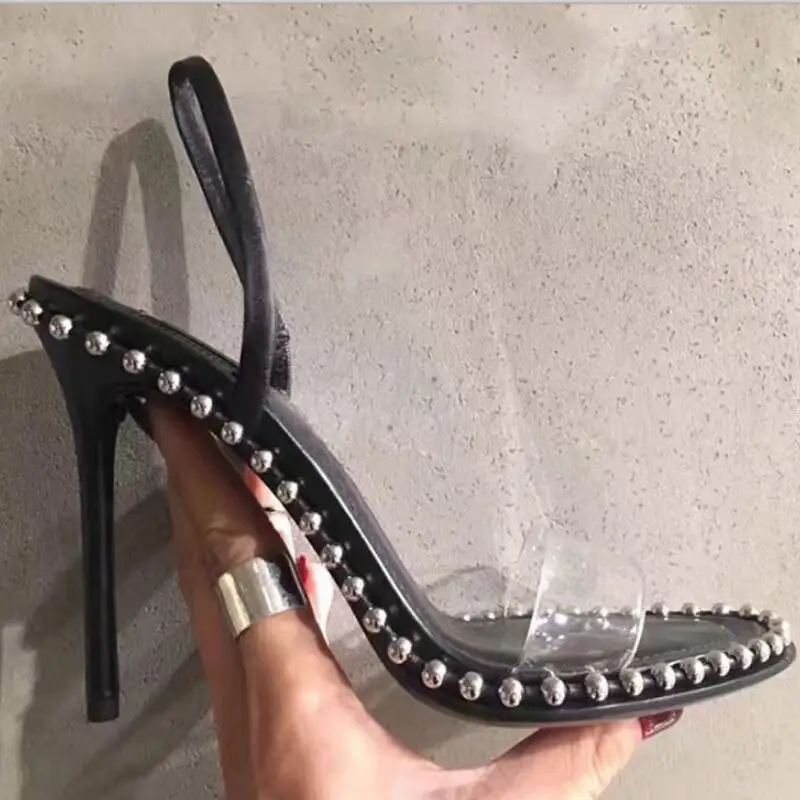 Пикантные прозрачные летние босоножки на высоком каблуке; женская обувь; zapatos mujer Tacon; Sandalias Mujer; туфли-лодочки с заклепками; женская обувь