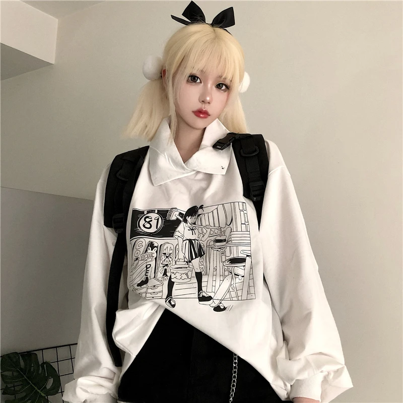 

Kpop Harajuku Women Loose Autumn Sweatshirt Japanese Kawaii Manga Anime Streetwear Lapel Long Sleeve Hoody Tide Ins