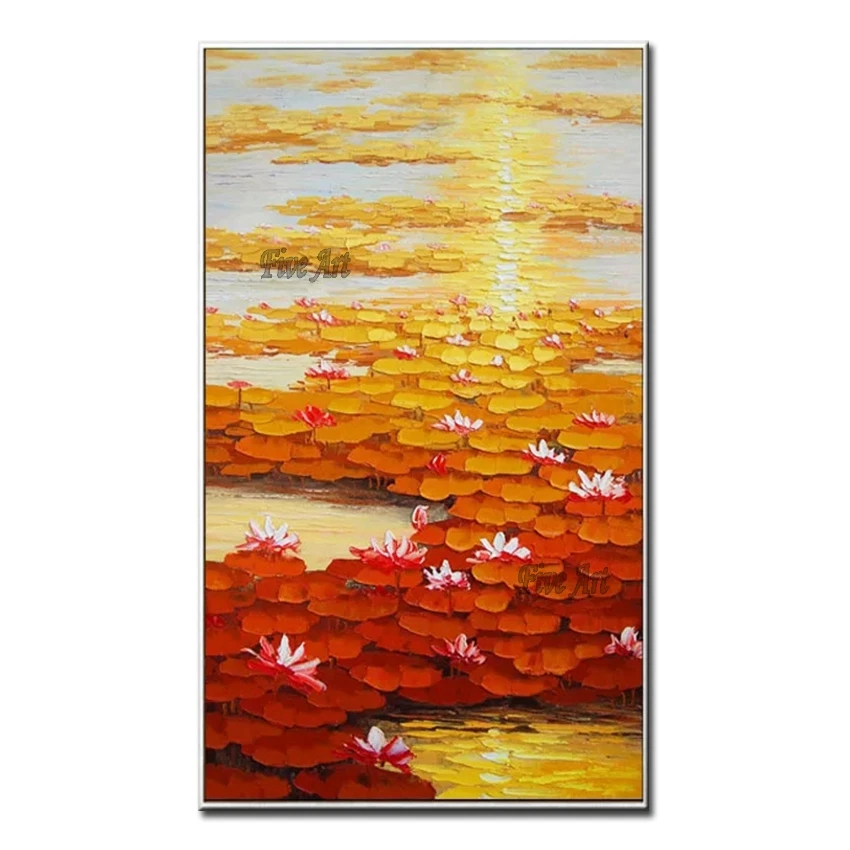 

Real Handmade Water Lily Flower Picture Home Decoration Wall Art Panel Pieces Unframed Canvas Artwork For Hotel Decoration