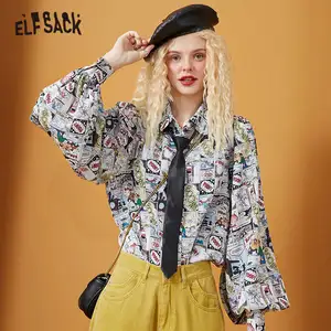 Женская однобортная Повседневная рубашка ELFSACK с забавным графическим принтом, осенняя винтажная рубашка ELF с рукавами-фонариками, повседневный топ в Корейском стиле, 2020