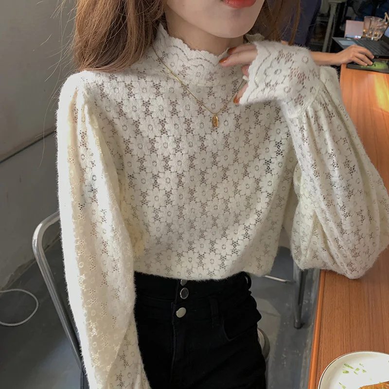 

Sister Fara New Spring Lace Bottoming Shirt Women's O-Neck 2021 Autumn Long Blouse Hollow Out Lantern Sleeve Office Lady Blusas