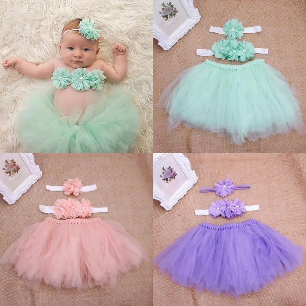 Детская одежда с цветами для маленьких девочек + повязка волос юбка пачка реквизит фотосессии Костюмные