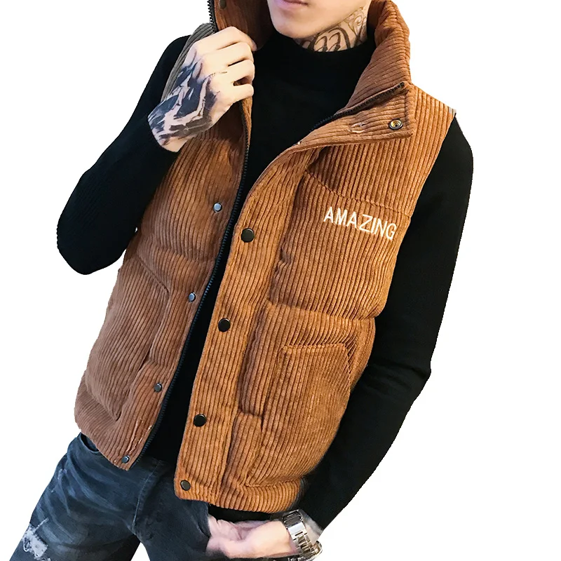 

Men Jacket Men Vest Jacket Corduroy waistcoat winter stand-up collar sleeveless jacket men's slim youth cotton waistcoat thick