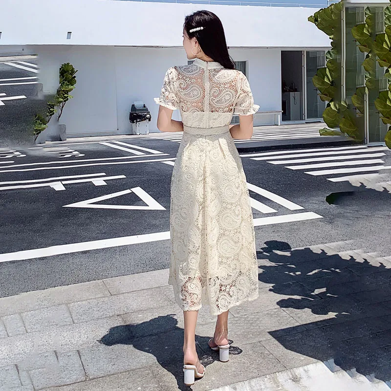 

Floral Crochet Summer Party Dress Women Single Breasted Short Sleeve Sweet Long Midi Dress Hollow with Belt Runway Elegant C508