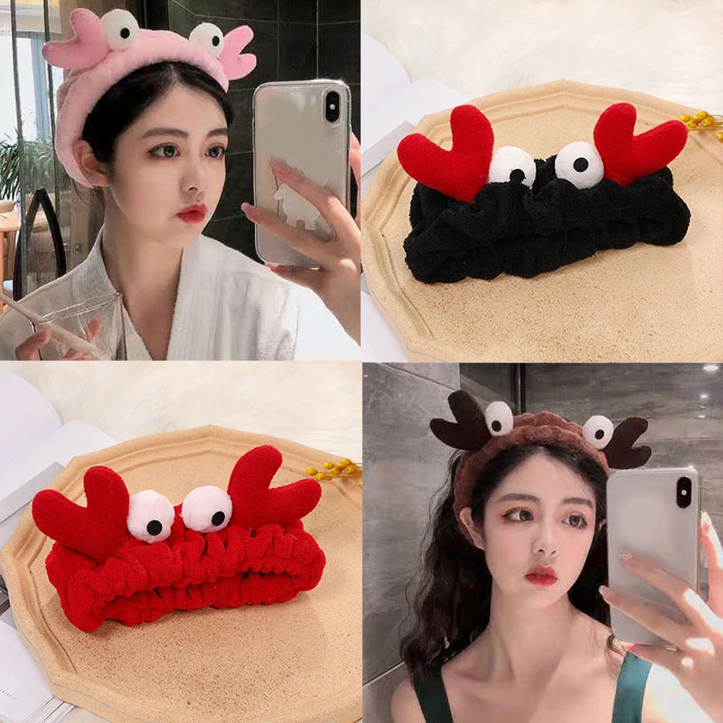 

Soft Elastic Hairband Warm Women Wash Face Headwear Funny Headband Cute Cartoon Crab Big Eyes Headband Makeup Hair Accessories
