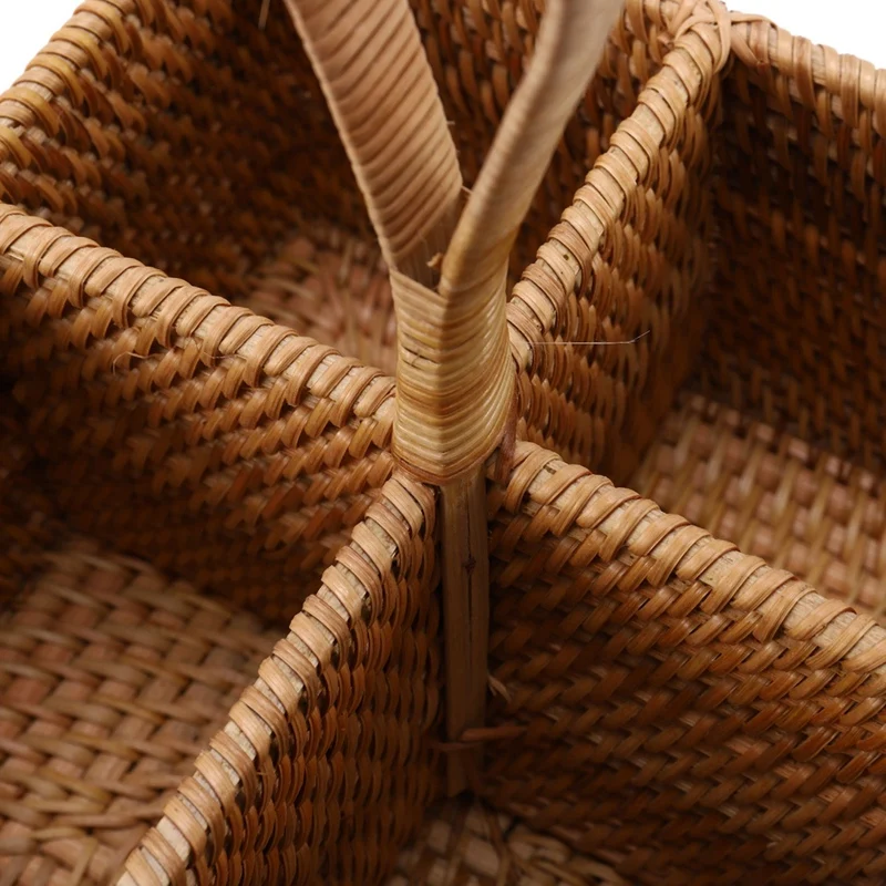 

Hand-Woven Wicker Straw Storage Basket Portable Four Compartment Classification Storage Fruit Basket Home Storage