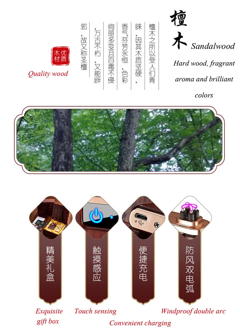 Перезаряжаемая Зажигалка из сандалового дерева с двойной дугой USB Электронная