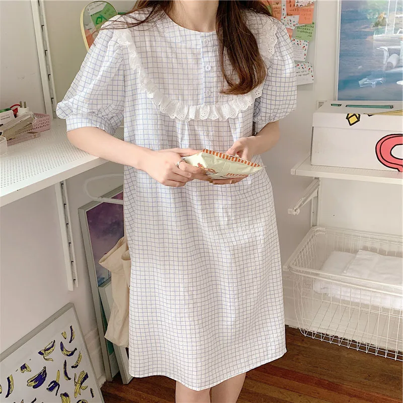 2021 Summer New Women's Pajamas Sets Household Suit Lace Nightgown Bubble Sleeve Cotton Nightwear Lady Sleepwear Sleeping Wear