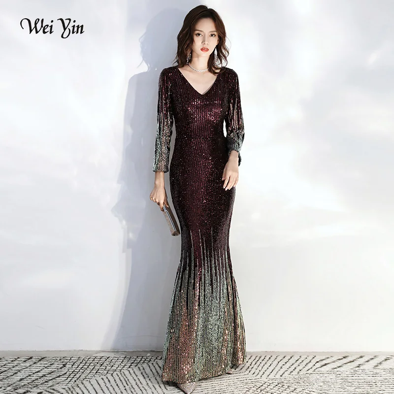 Wei yin AE0300 вечернее платье, длинное, блестящее, новинка, v-образный вырез, женское, длинный рукав, элегантное, с блестками, Русалка, макси, вечернее платье для вечеринки