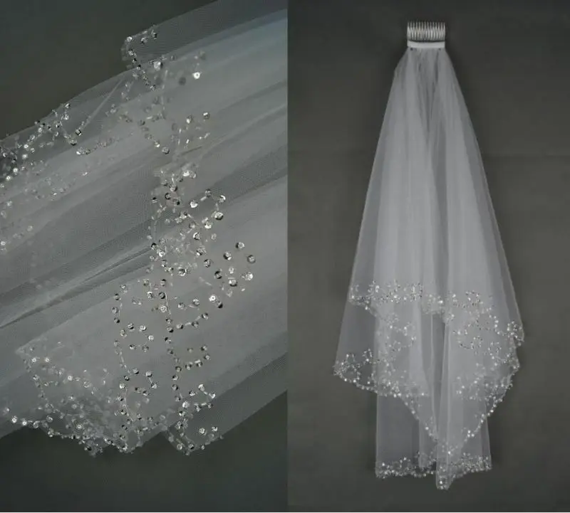 

Beautiful 2T White Ivory Sequins Beaded Edge Wedding Bridal Elbow Veil with Comb