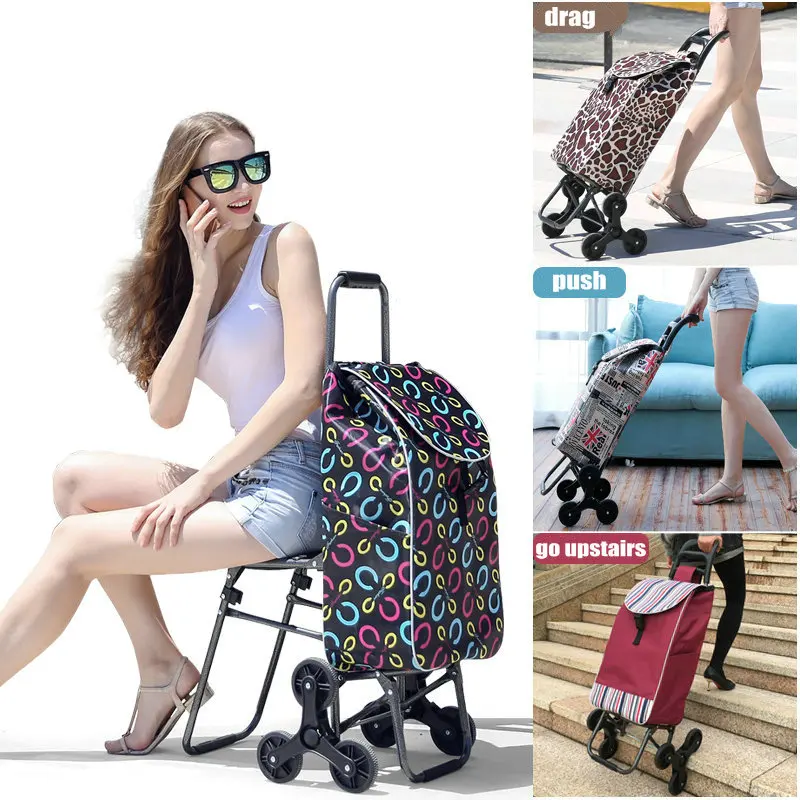 Climb Stairs Shopping Cart with Waterproof Bag And Chair Household Trolley With Seat, Steel Frame Shopping Cart Pull Rod Cart