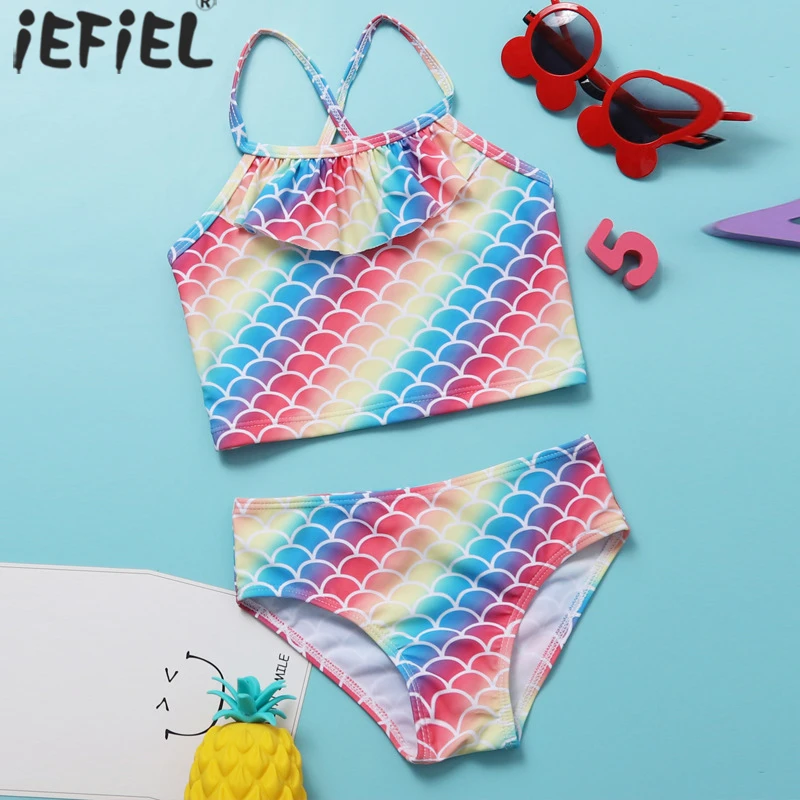 Toddler Baby Girls Kids Mermaid Bikini Set Summer Beachwear Fish Scale Pattern Swimwear Two Piece Swimsuit Bathing Suit Tankini