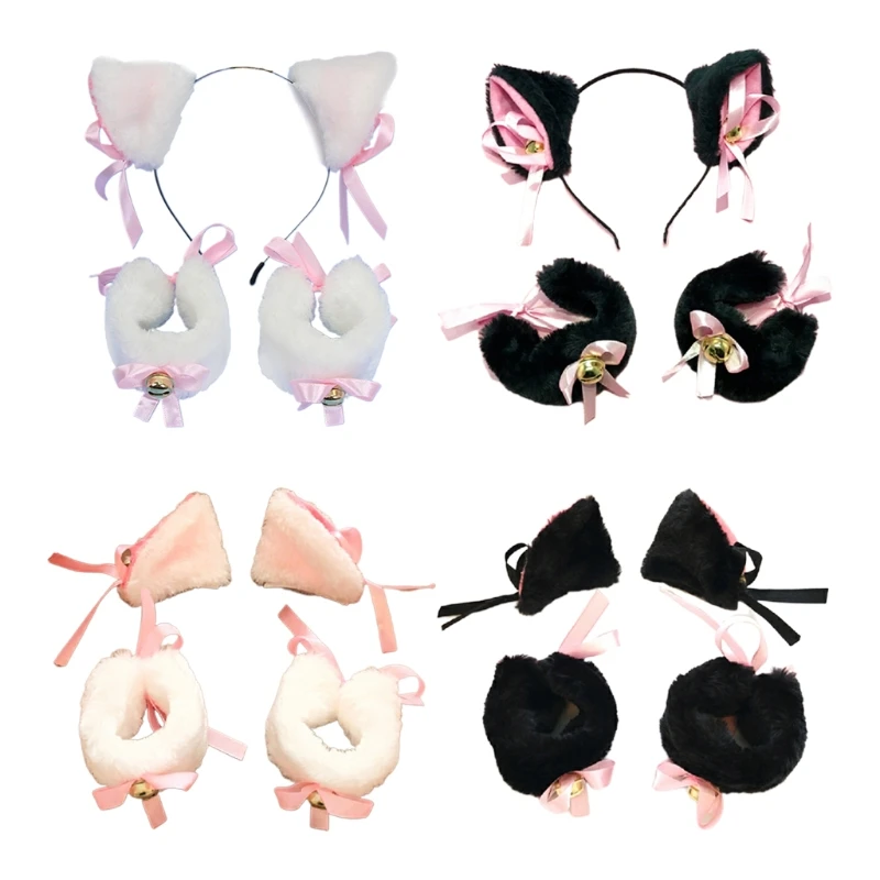 

Women Lolita Plush Hair Ornaments Furry Cat Ears Headbands Bracelet Bell Bow Hairpin Set Anime Cosplay Fancy Hair Props