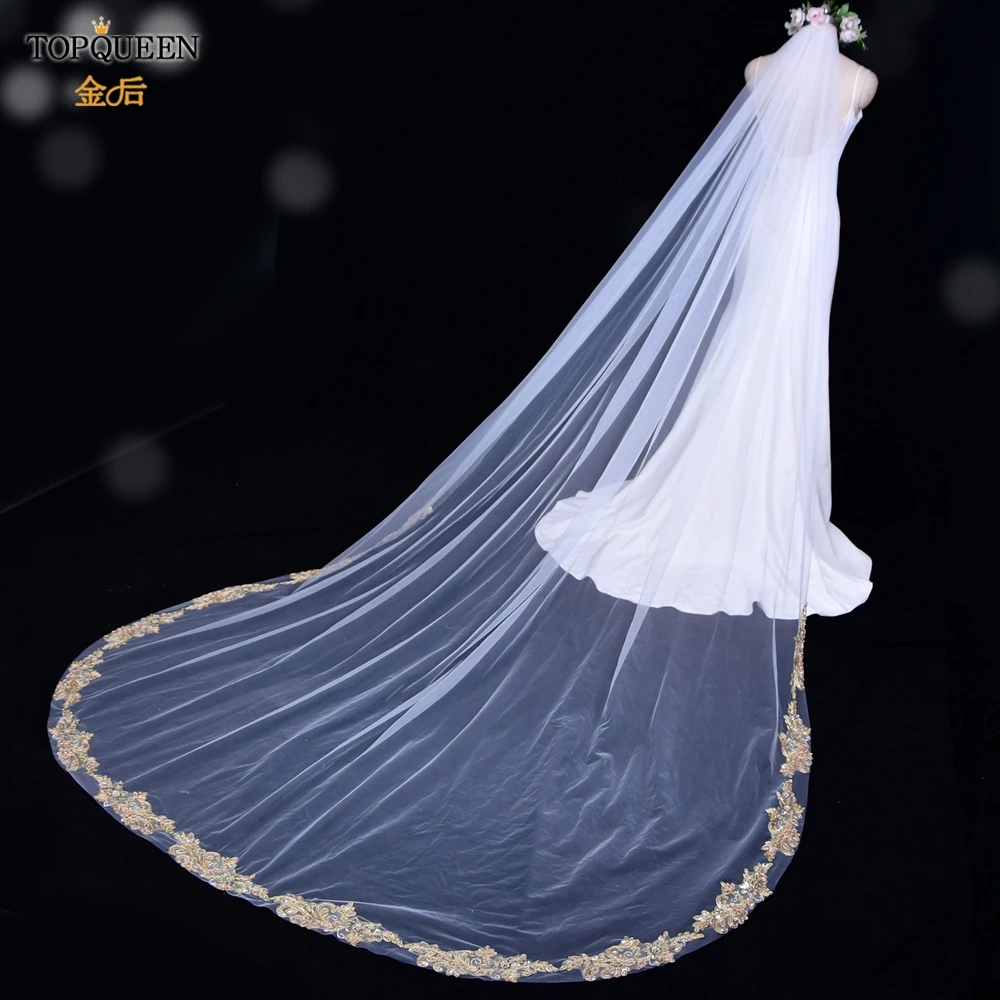 

TOPQUEEN V76 Золотая свадебная фата невесты кружевная вышивка, аппликация Цвет Фата невесты испанский одеяло с кружевной отделкой часовни