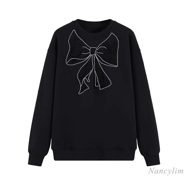 

New Round Neck Pullover Loose Rhinestone Bow Long Sleeve Sweatshirt Women's Fashion Black Hoodies 2021 Spring