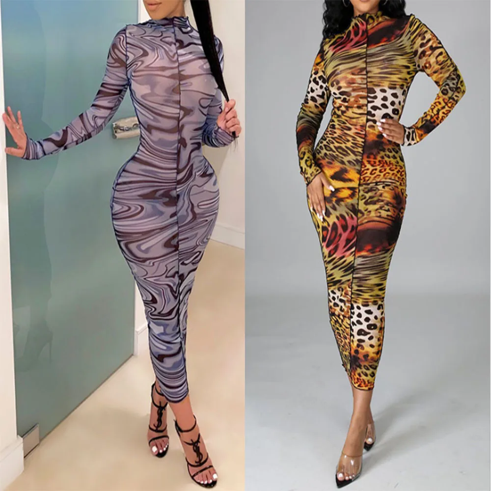 

Женское платье с длинным рукавом, повседневное облегающее платье с круглым вырезом и асимметричным принтом в европейском и американском ст...