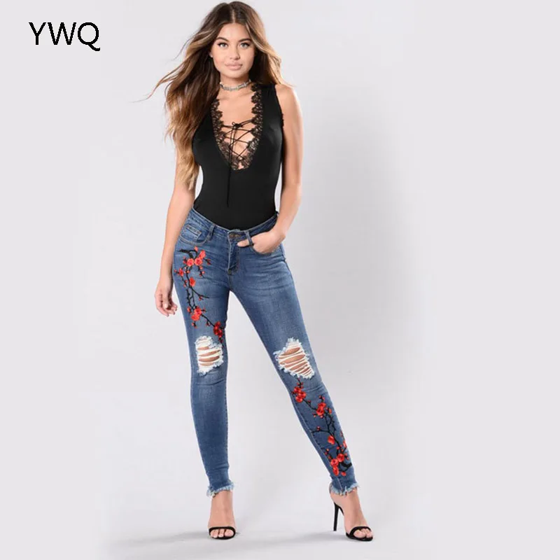 

Flower Embroidered High Elastic Denim Women's Jeans Skinny Ripped Rose Pants Full Length Slimming Fashion Hole Lady Trousers