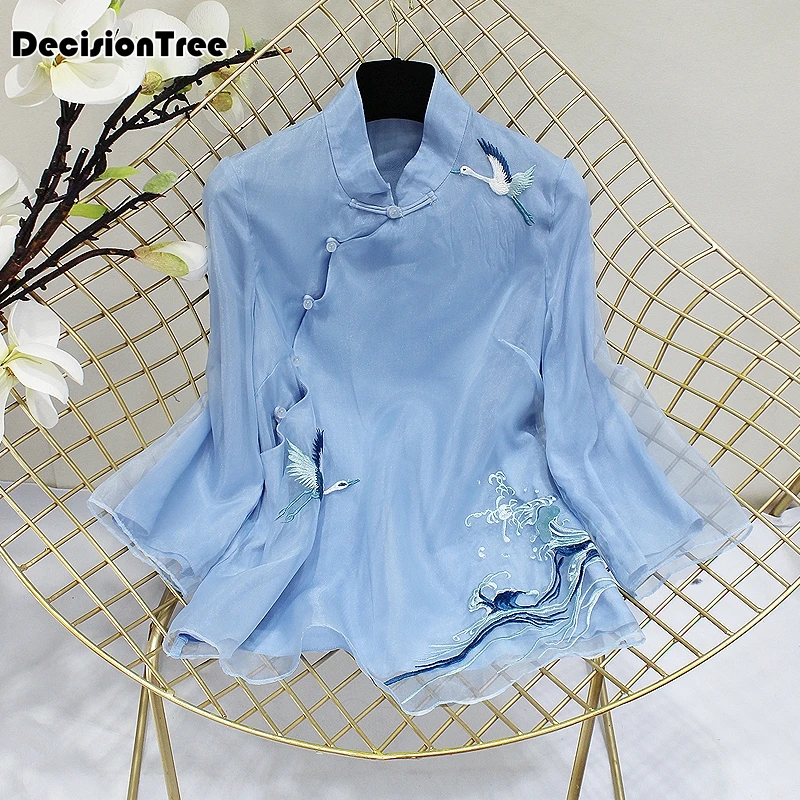 Китайская рубашка, традиционная китайская блузка, qipao Топ, шифон, длинный рукав, женские топы, чонсам, кружевная вышивка, блузка для девушек