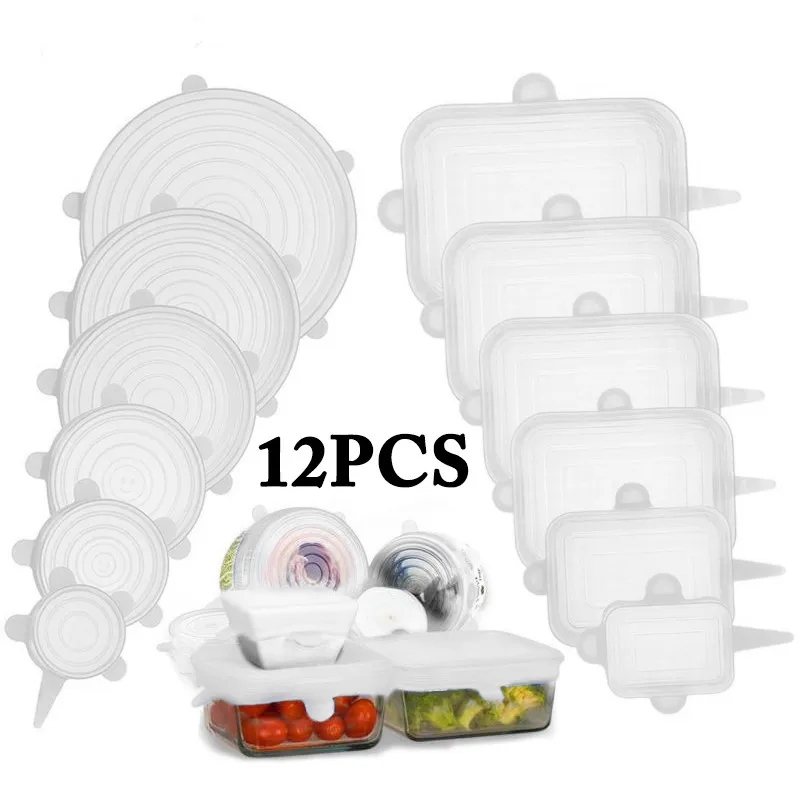 

12 шт. многоразовые силиконовые колпачки, крышка для пищевых продуктов, регулируемые эластичные крышки чаши, кухонная обертка, Запаянные, со...