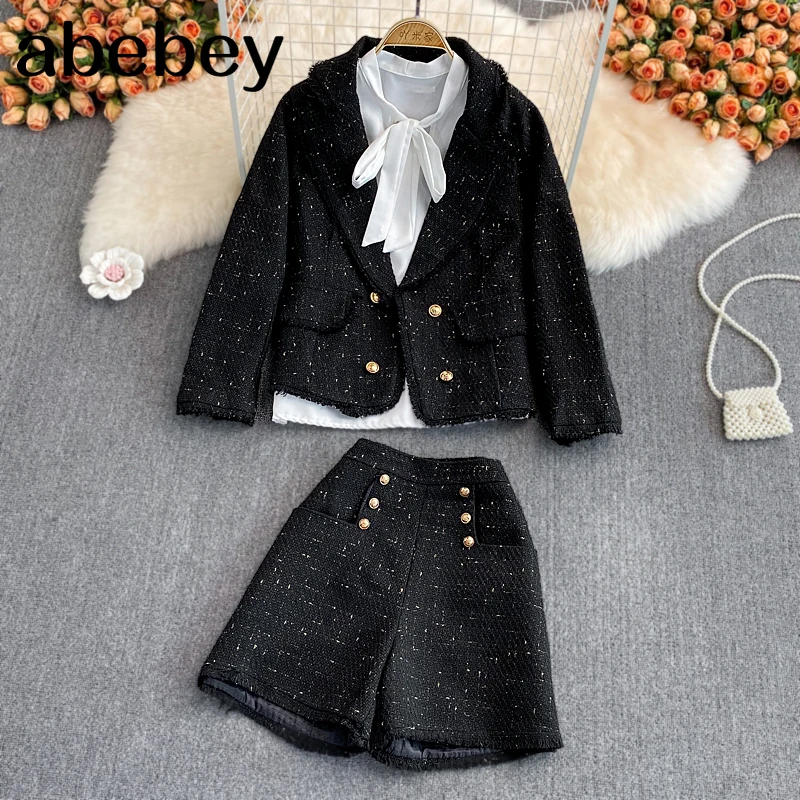 

2021 New Autumn Winter Vintage suit collar long sleeve tweed Coat + lace up bow Shirt + high waist wide leg Shorts 3-piece set