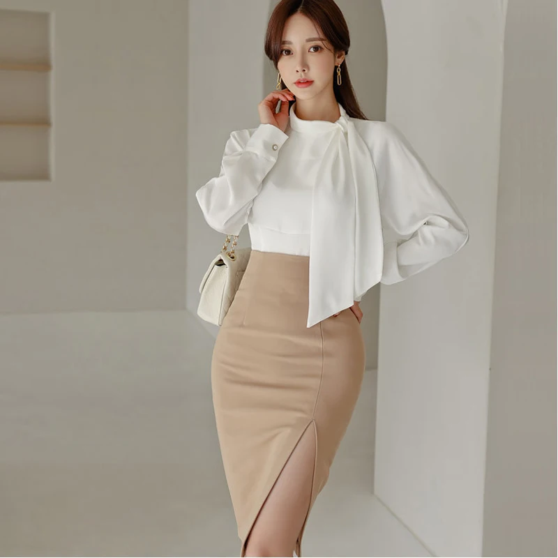 

new arrival fashion spring set women OL temperament professional casual white turtleneck shirt and split skirt two piece set