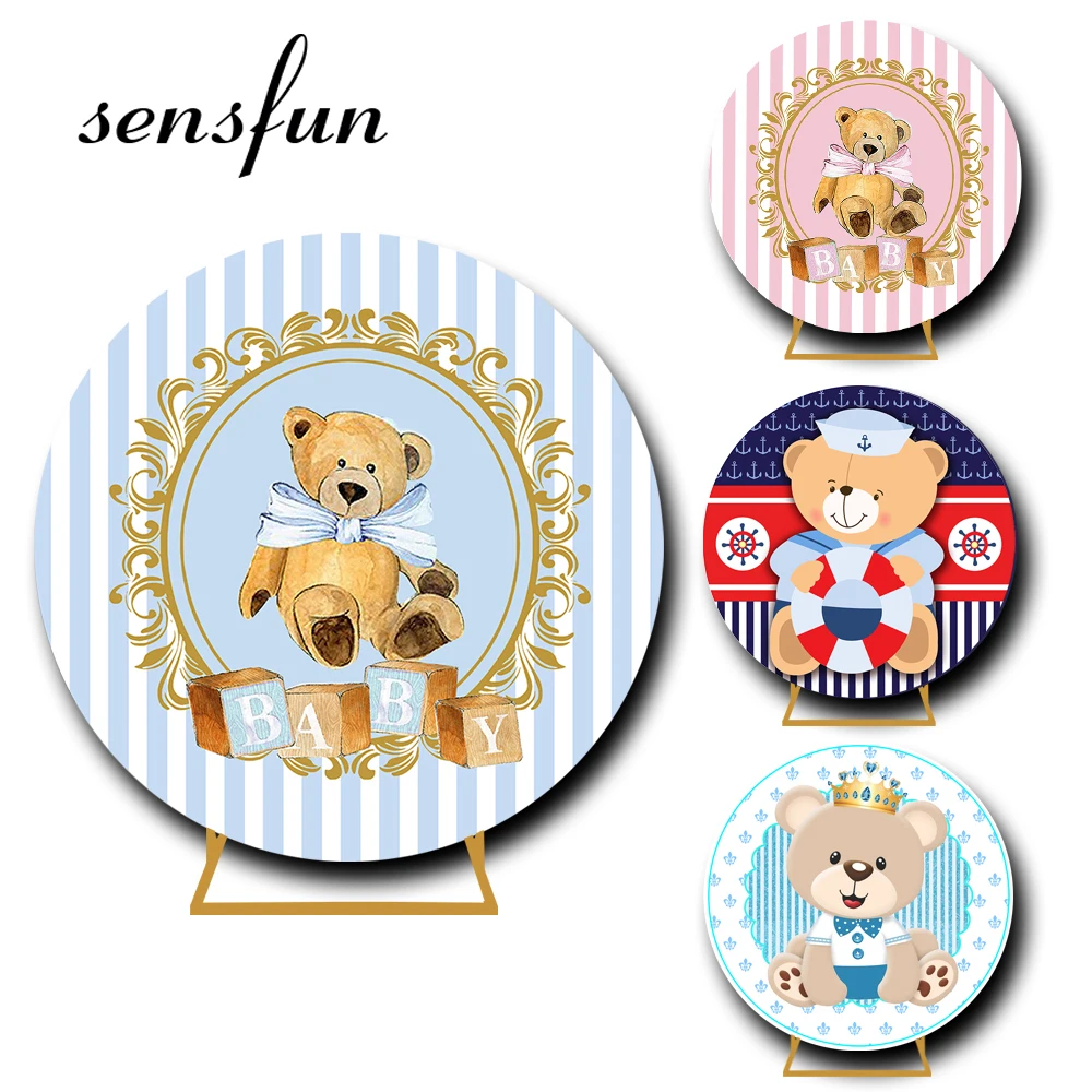 

7 Options Cute Bear Theme Round Backdrop Cover Girl Boys Newborn Baby Shower 1st Birthday Party Circle Photography Background