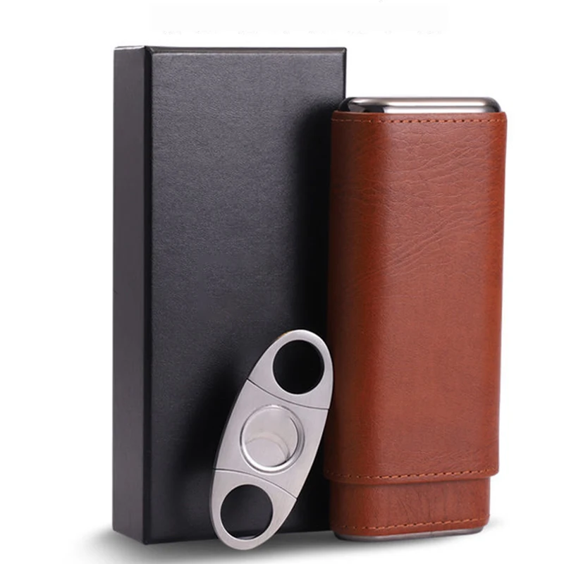 

Brand 3-Finger Humidors Portable Cigar Box Cigar Leather Case with Cigar Cutter and Gifts Box Smoking Cigarette Accessories