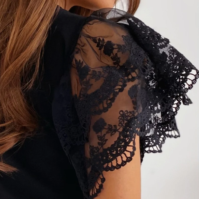 

Summer Casual T-shirt Women Lace Short Sleeve Tshirt Solid Tee Tops Female Women's Black White Crew Neck T Shirt