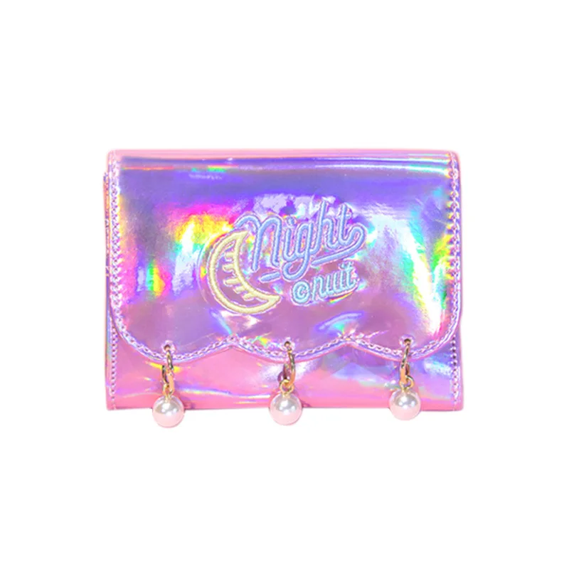 

Pearl Pendant short wallet laser magic card bag Korean ins style small portable wallets for women