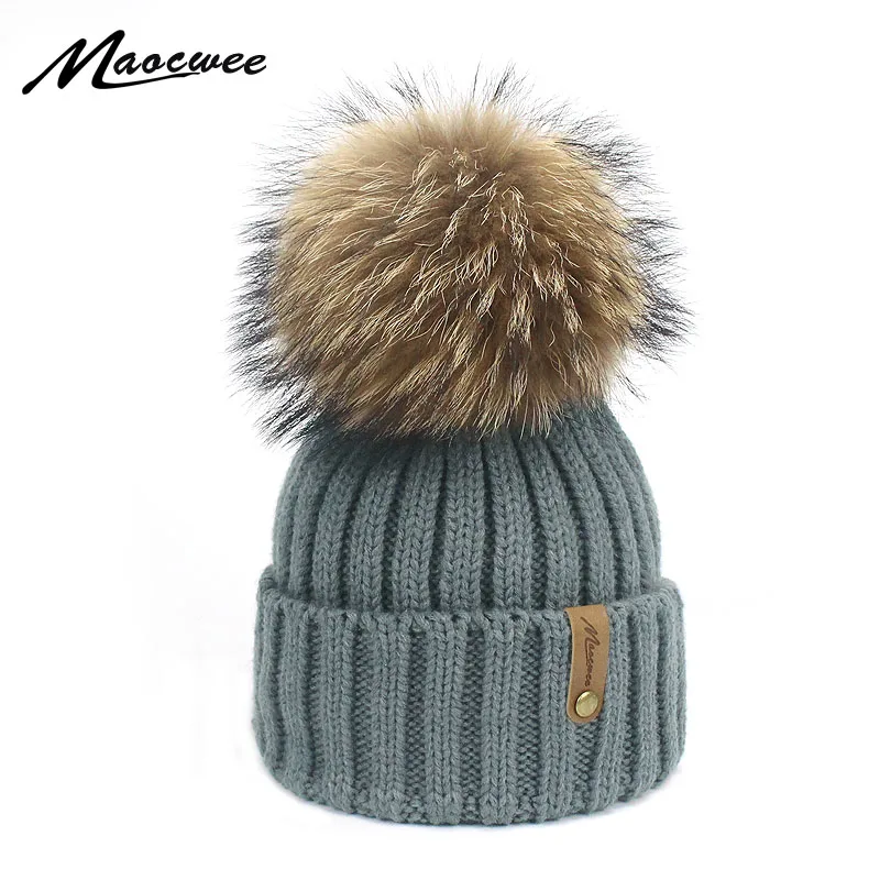 

Outdoor Thicken Hats Winter Warm Real Fur Pompom Hat Women Men Solid Color Knitted Beanies Caps Mens Raccoon Skullcap Bonnet Cap