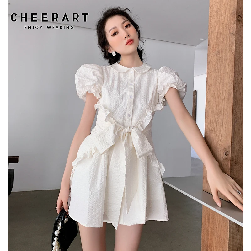 

CHEERART Texture White Ruffle Button Up Collar Dress Summer 2021 Puff Sleeve Lace Up A Line Korean Fashion Mini Dress Women