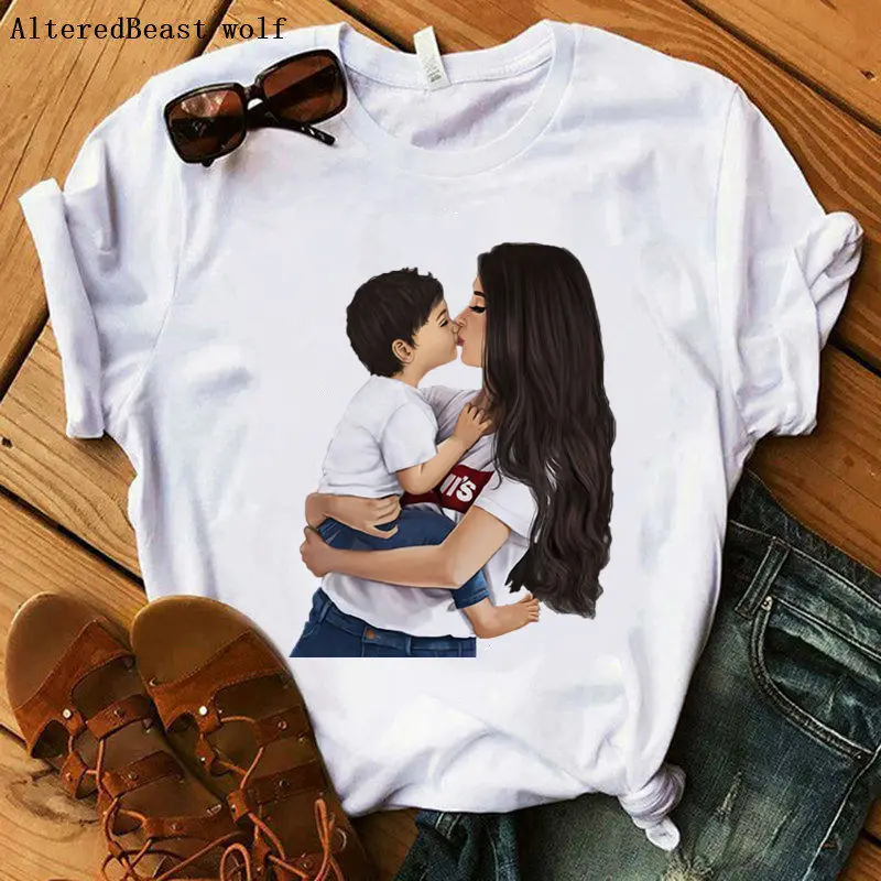 

2020 Vogue super mama tshirt mom and baby print t-shirt female casual short sleeve print harajuku white tops tee fashion clothes