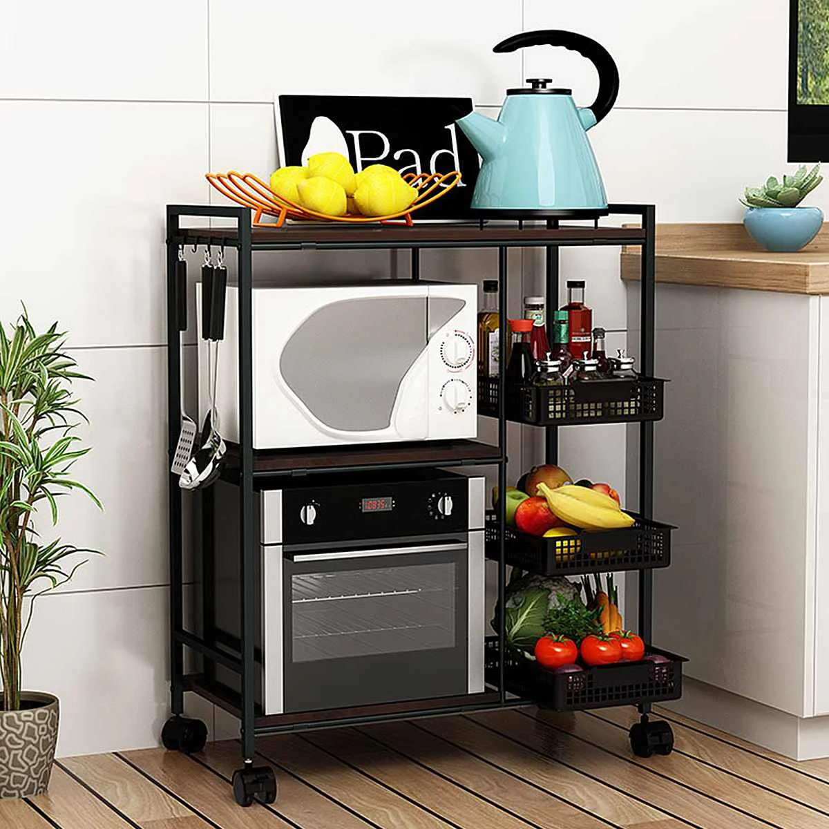 

Movable Kitchen Trolley Bakers Rack with Wheels Multi-Layer Microwave Oven Storage Holder Organizer Fruits Vegetables Baskets