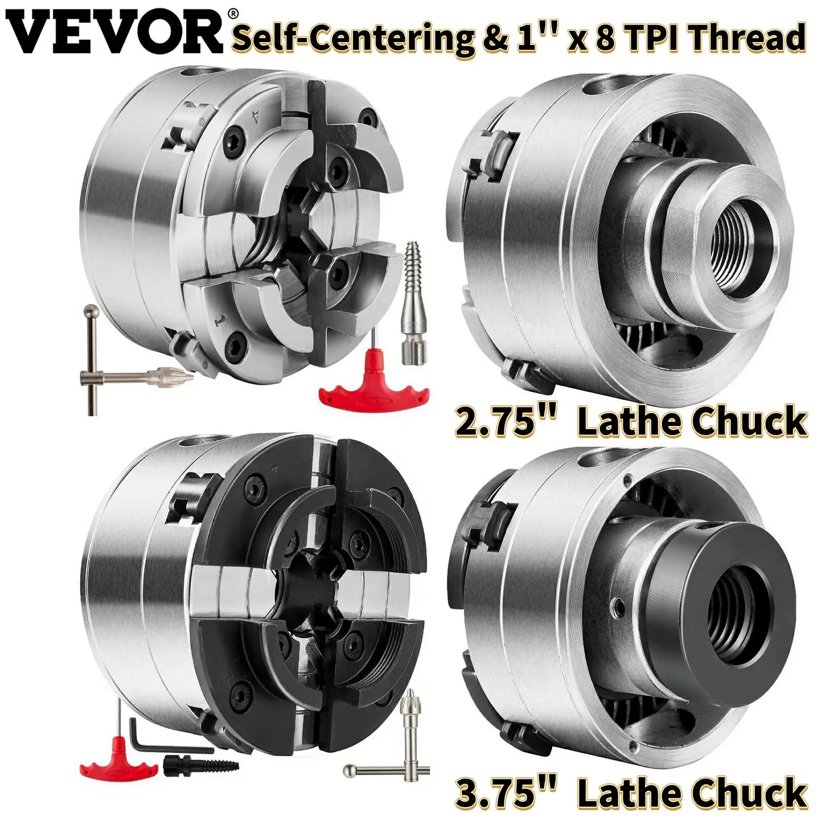 

VEVOR 2.75in 3.75in Lathe Chuck W/ Wrench Screw for Wood Metal Lathe Drilling Milling Machine Self-Centering 1in x 8TPI Thread