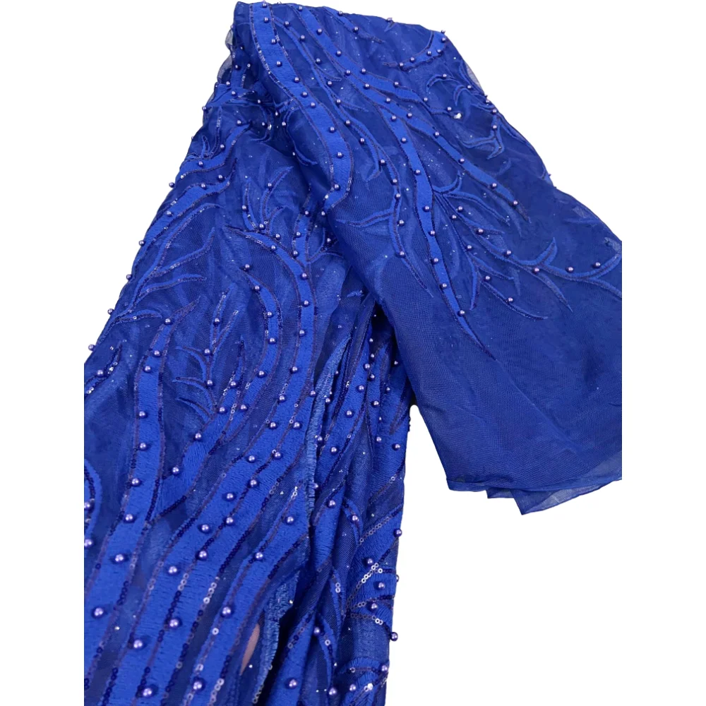 Ярко-синий цвет фатиновая кружевная ткань с бусинами африканская нигерийская