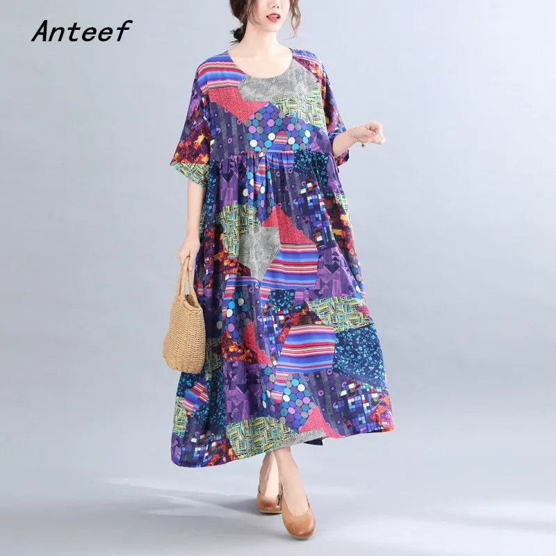 

short sleeve cotton vintage floral dresses for women casual loose long woman summer sun dress elegant clothes 2021