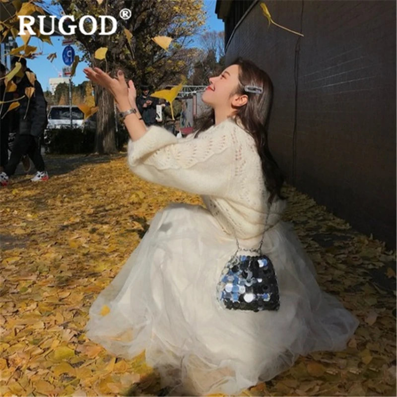 RUGOD Elegant women sweater Korean ins solid round neck hollow out white knitted pullovers female 2019 Casual winter clothes | Женская