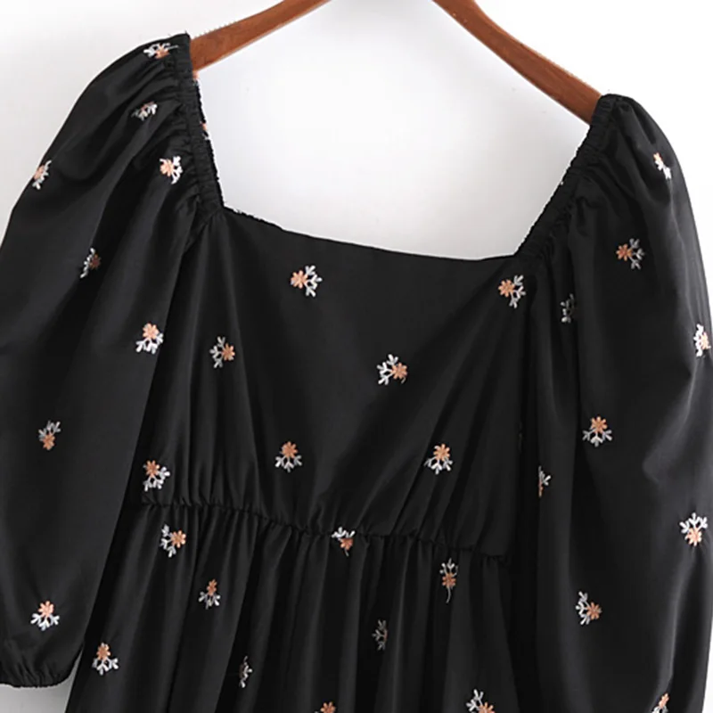 

2021 Women Vintage Fashion Spring Embroidery Maxi Dress Vestido Elastic Waist Puff Sleeve Female Party Dresses Vestidos Mujer