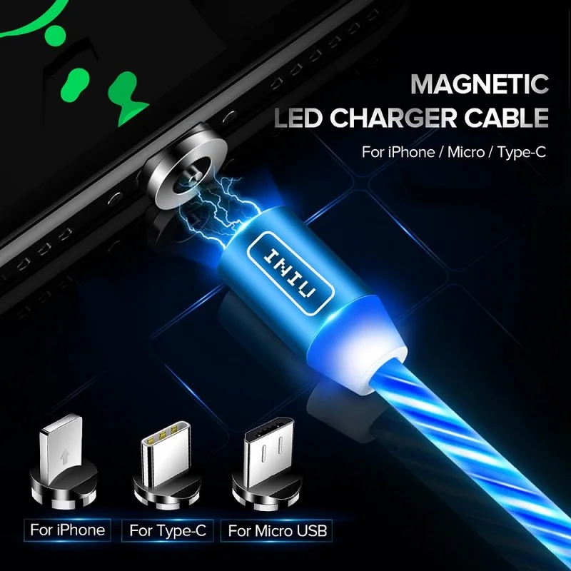 Магнитный USB кабель INIU со светодиодной подсветкой шнур для быстрой зарядки типа C
