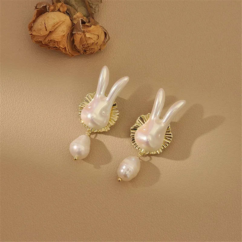 Модные серьги-подвески с жемчугом и кроликом для женщин золотого цвета блестящие