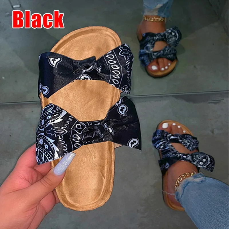 Сандалии женские с бантом пляжные тапочки на плоской подошве открытым носком