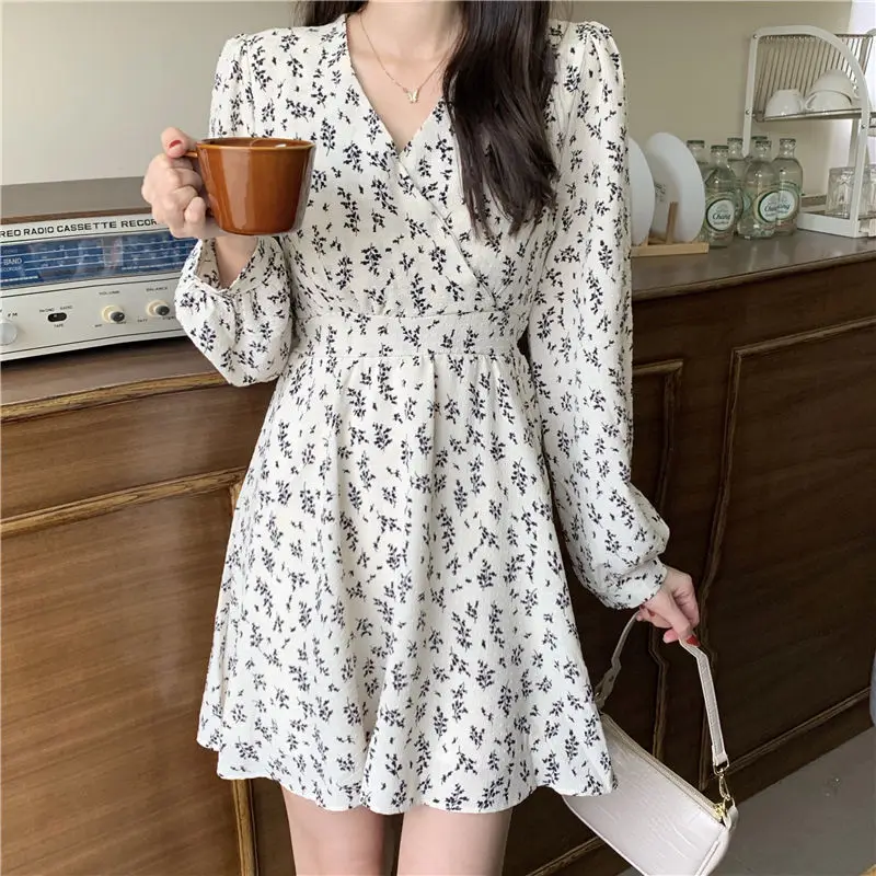 

Dress Women Spring Summer Vintage V-Neck Floral Print Dresses Women Long Sleeve Mini Dress Korean Fashion Vestido De Mujer